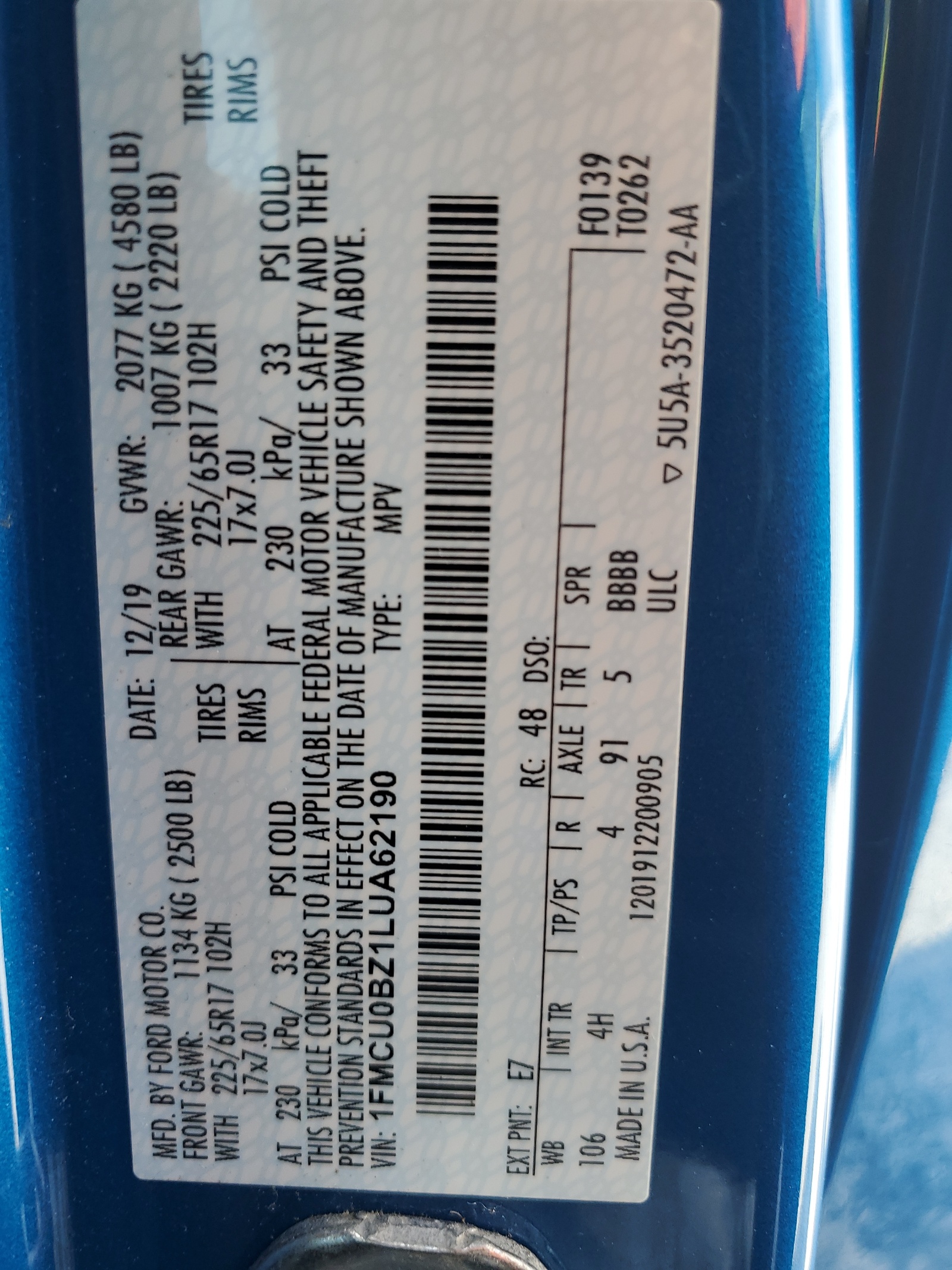 1FMCU0BZ1LUA62190 2020 Ford Escape Se Sport