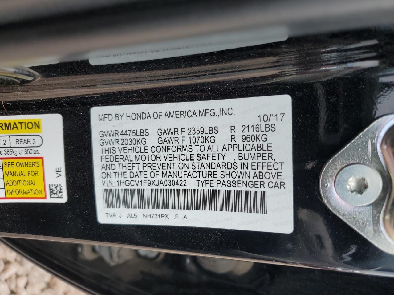 1HGCV1F9XJA030422 2018 Honda Accord Touring