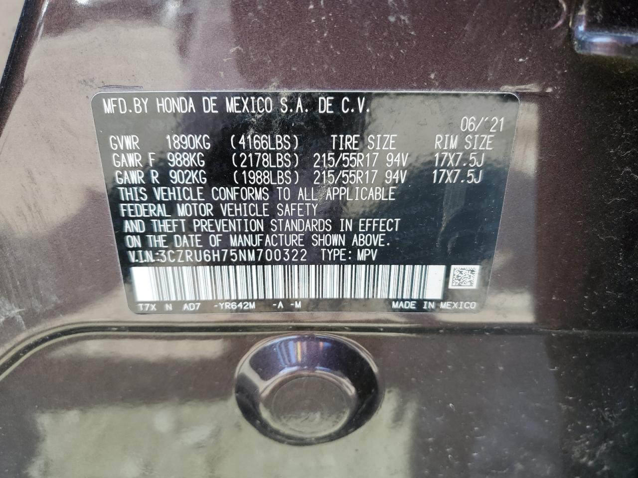 3CZRU6H75NM700322 2022 Honda Hr-V Exl