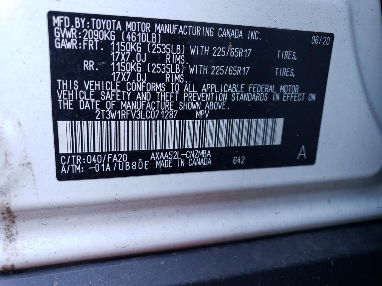 2T3W1RFV3LC071287 2020 Toyota Rav4 Xle