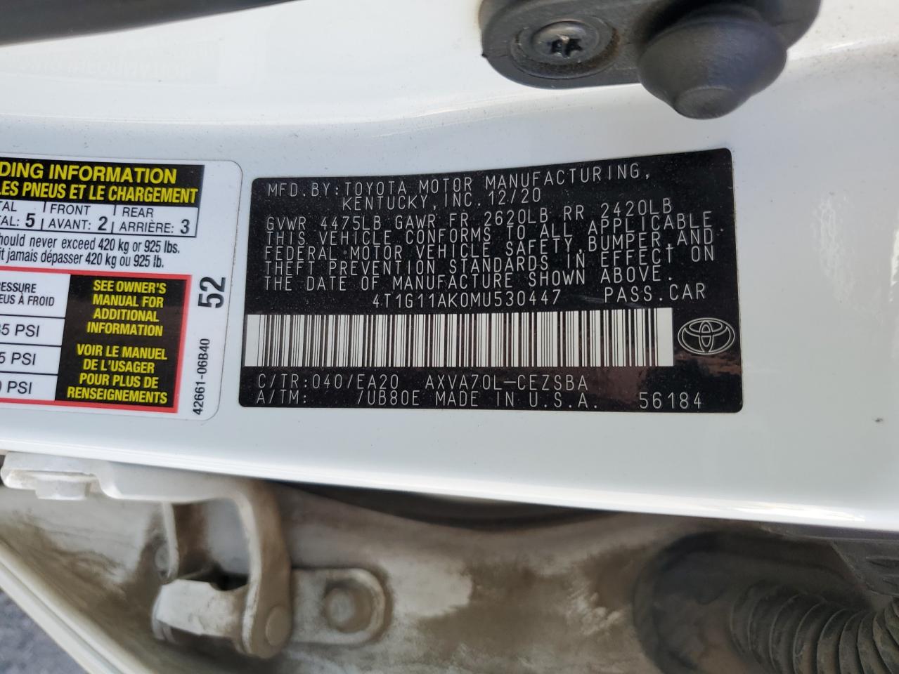 4T1G11AK0MU530447 2021 TOYOTA CAMRY - Image 12