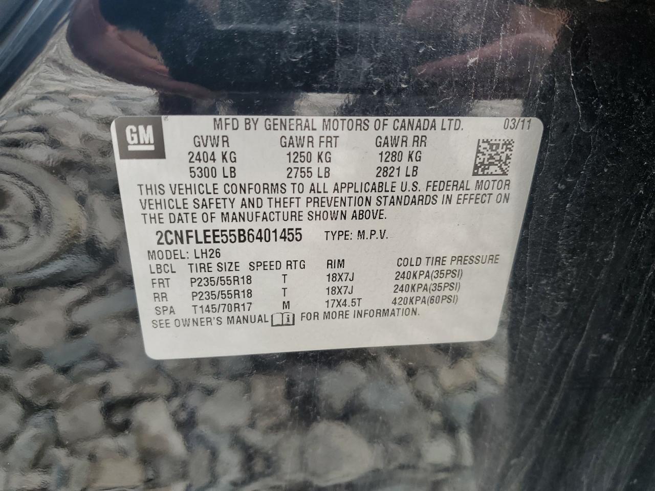 2CNFLEE55B6401455 2011 Chevrolet Equinox Lt