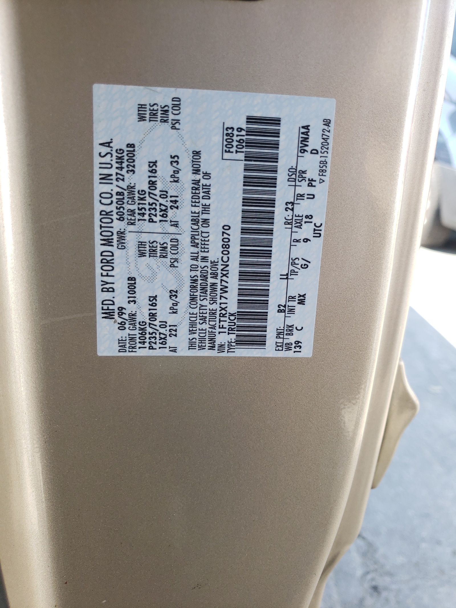 1FTRX17W7XNC08070 1999 Ford F150