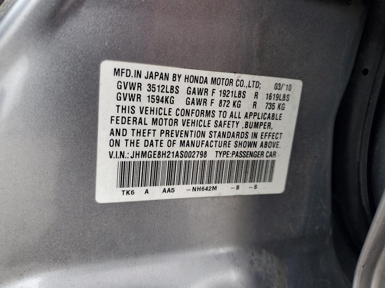 JHMGE8H21AS002798 2010 Honda Fit