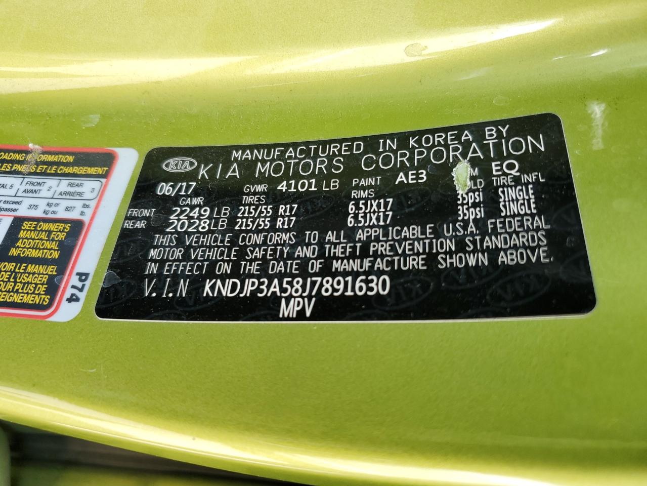 2018 Kia Soul + VIN: KNDJP3A58J7891630 Lot: 66296644