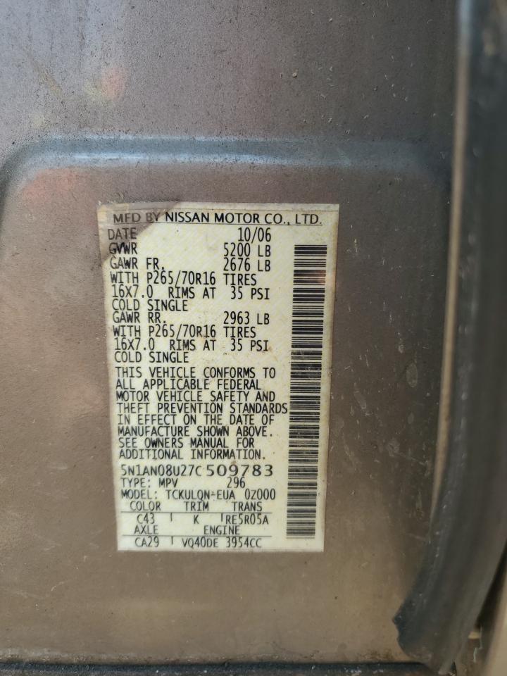 2007 Nissan Xterra Off Road VIN: 5N1AN08U27C509783 Lot: 67712544