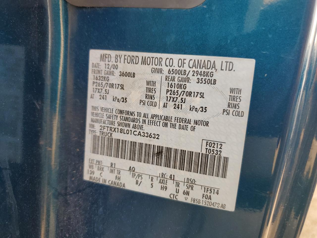 2001 Ford F150 VIN: 2FTRX18L01CA33632 Lot: 65671194