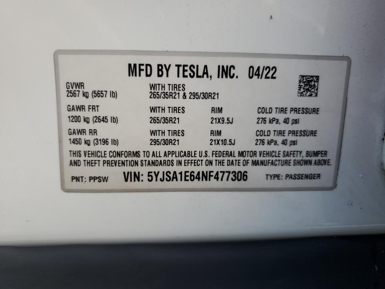 5YJSA1E64NF477306 2022 Tesla Model S