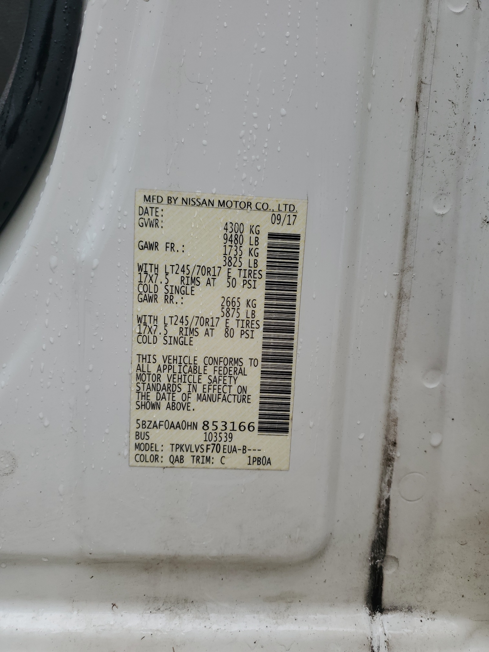 5BZAF0AA0HN853166 2017 Nissan Nv 3500 S