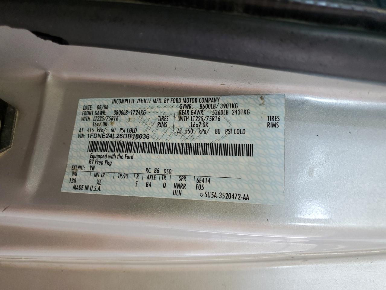 2006 Ford Econoline E250 Van VIN: 1FDNE24L26DB18636 Lot: 65471384