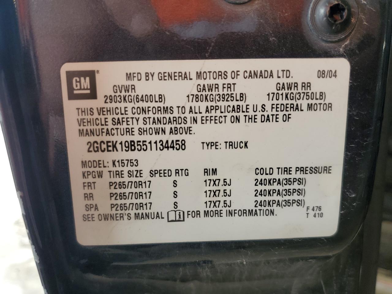 2GCEK19B551134458 2005 Chevrolet Silverado K1500