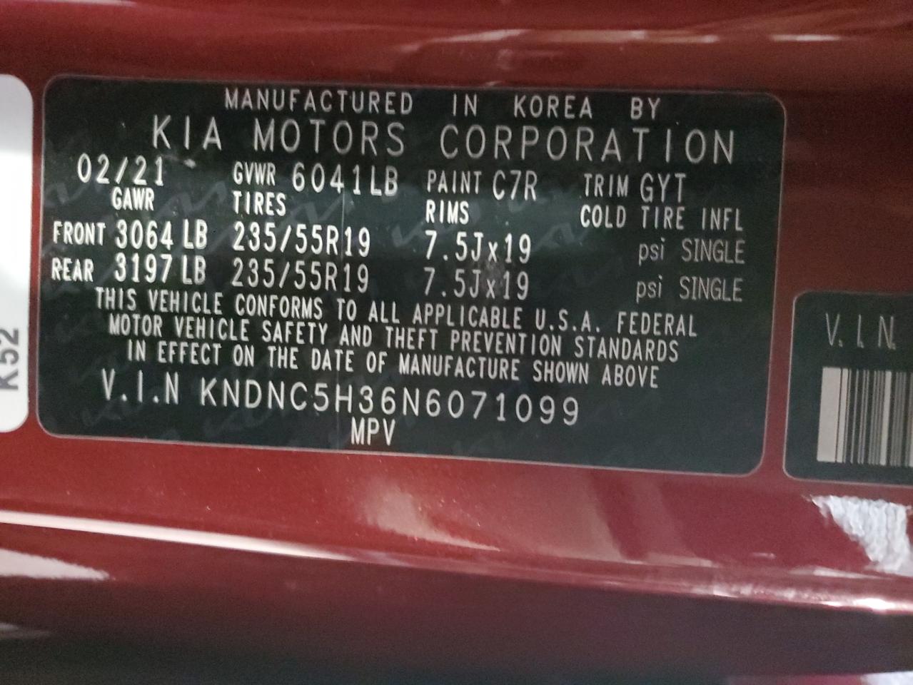 2022 Kia Carnival Ex VIN: KNDNC5H36N6071099 Lot: 66377394