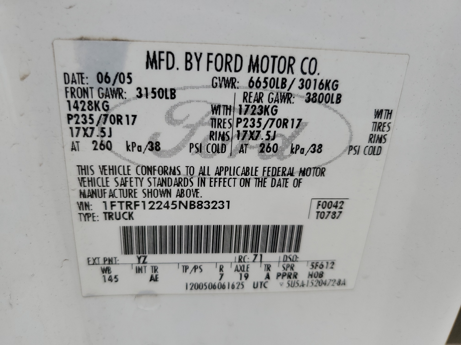 1FTRF12245NB83231 2005 Ford F150