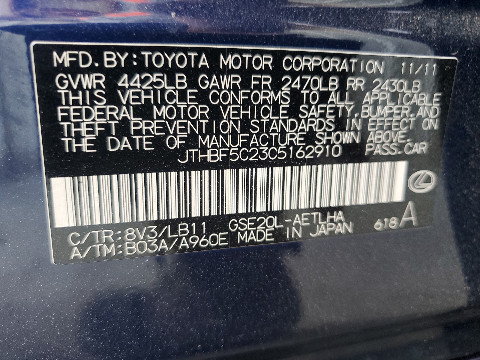 JTHBF5C23C5162910 2012 Lexus Is 250