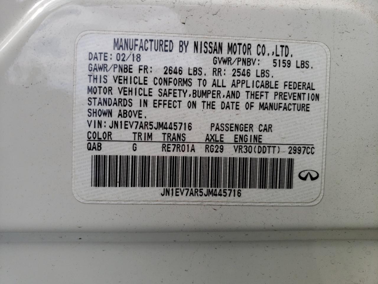 2018 Infiniti Q50 Luxe VIN: JN1EV7AR5JM445716 Lot: 67931204