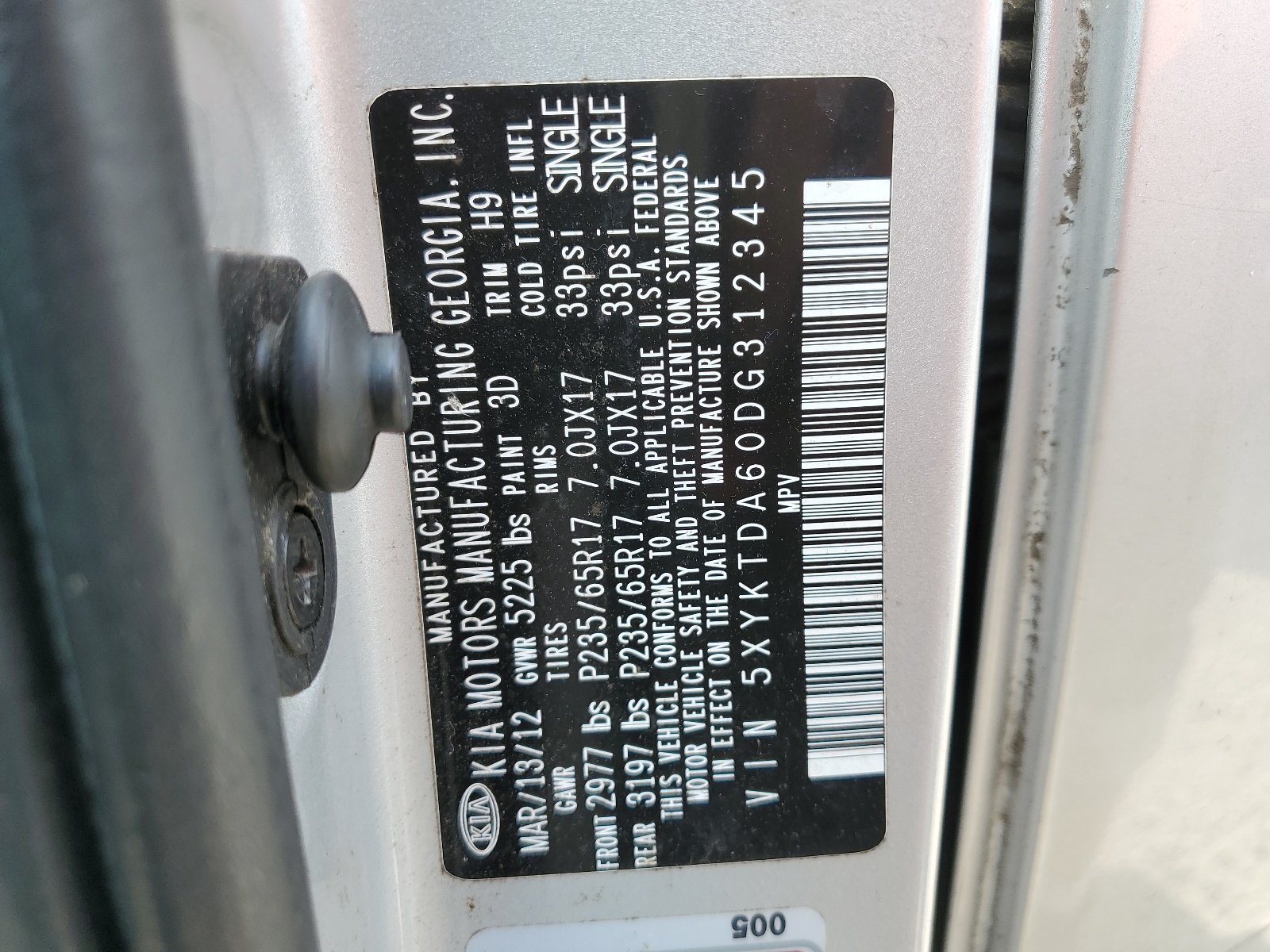 5XYKTDA60DG312345 2013 Kia Sorento Lx