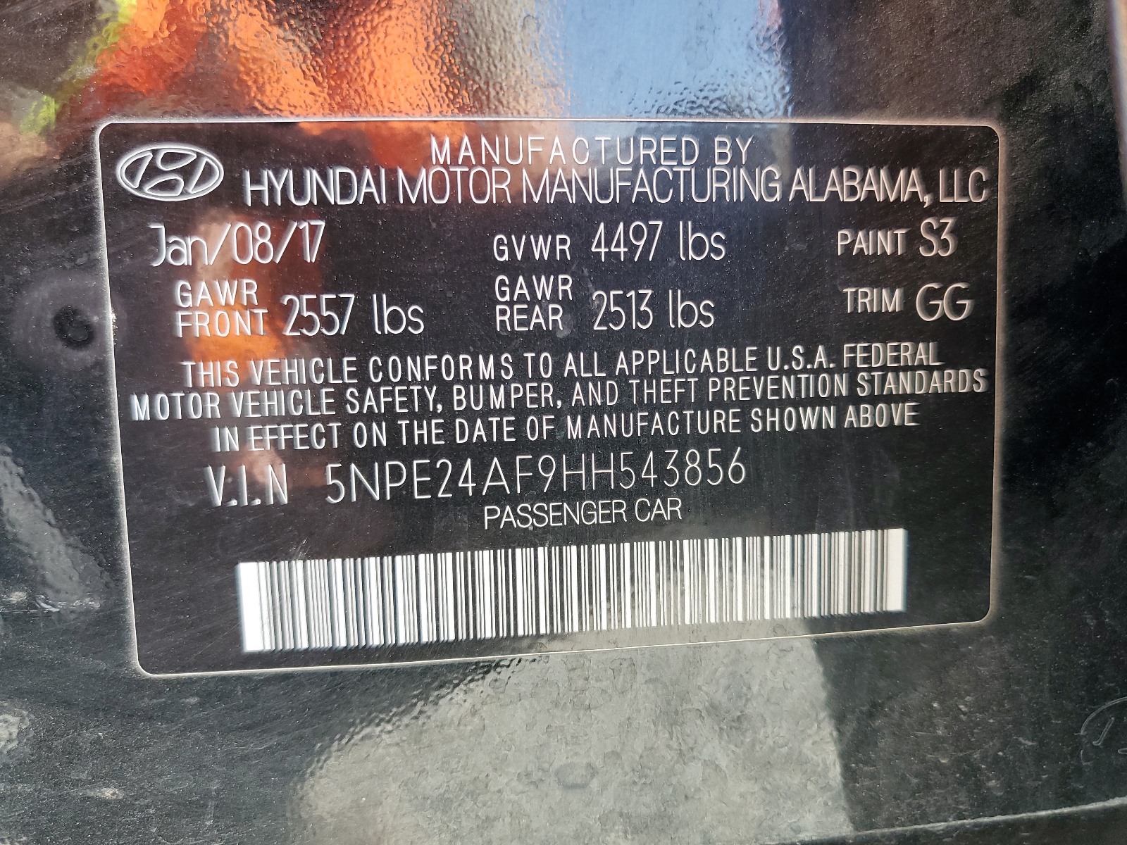 2017 Hyundai Sonata Se vin: 5NPE24AF9HH543856