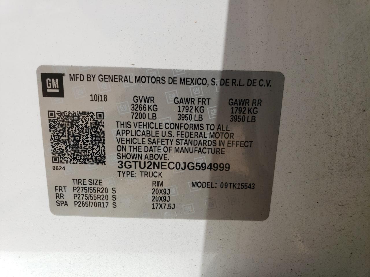 3GTU2NEC0JG594999 2018 GMC Sierra K1500 Slt