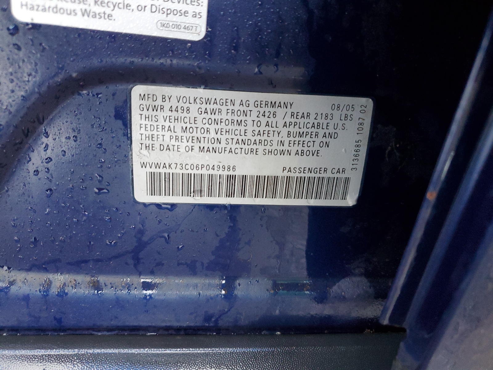 WVWAK73C06P049986 2006 Volkswagen Passat 2.0T