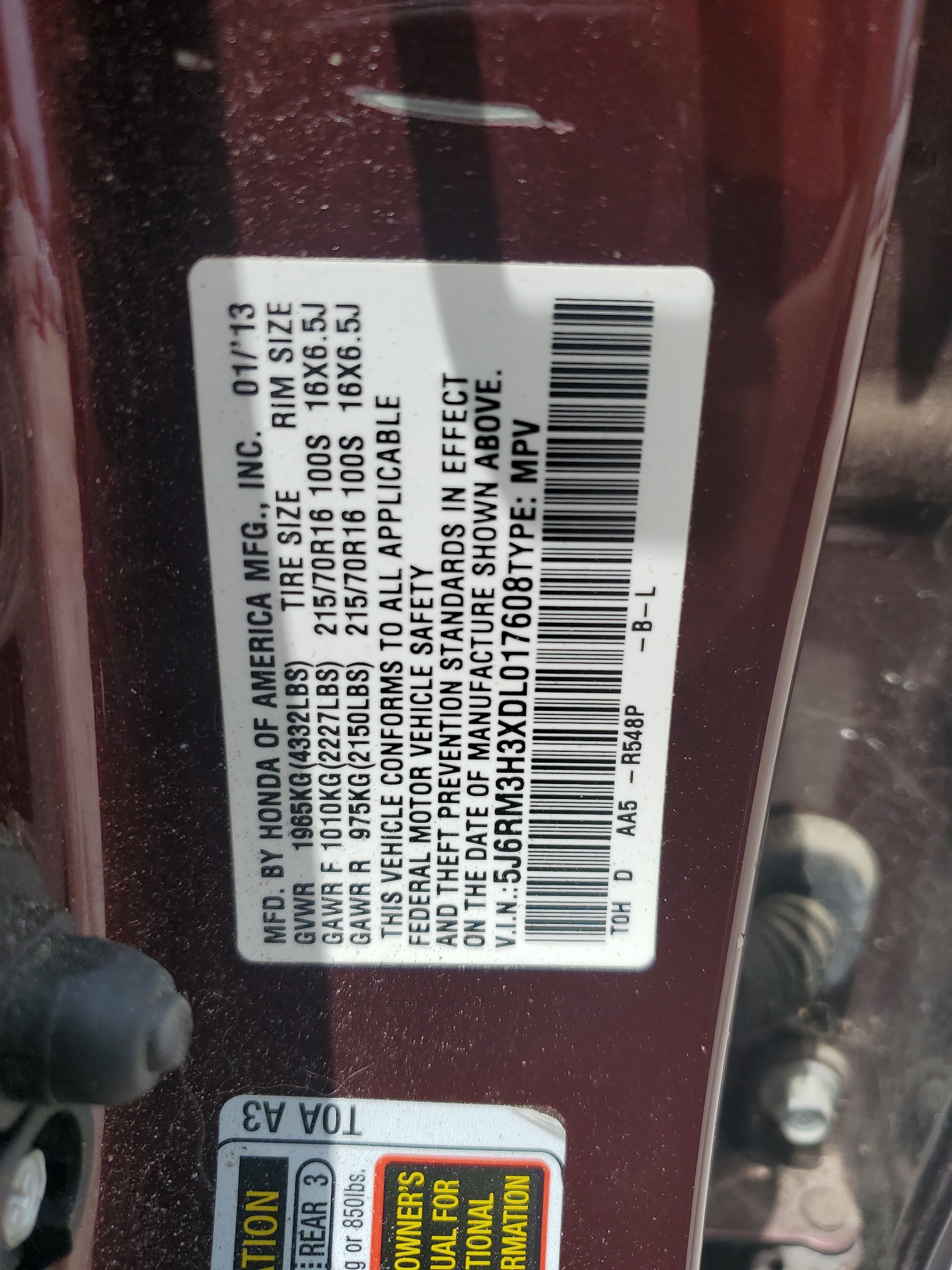 5J6RM3H3XDL017608 2013 Honda Cr-V Lx