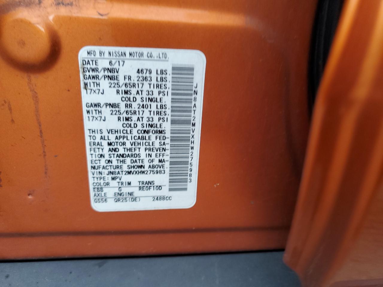 2017 Nissan Rogue S VIN: JN8AT2MVXHW275983 Lot: 66211484