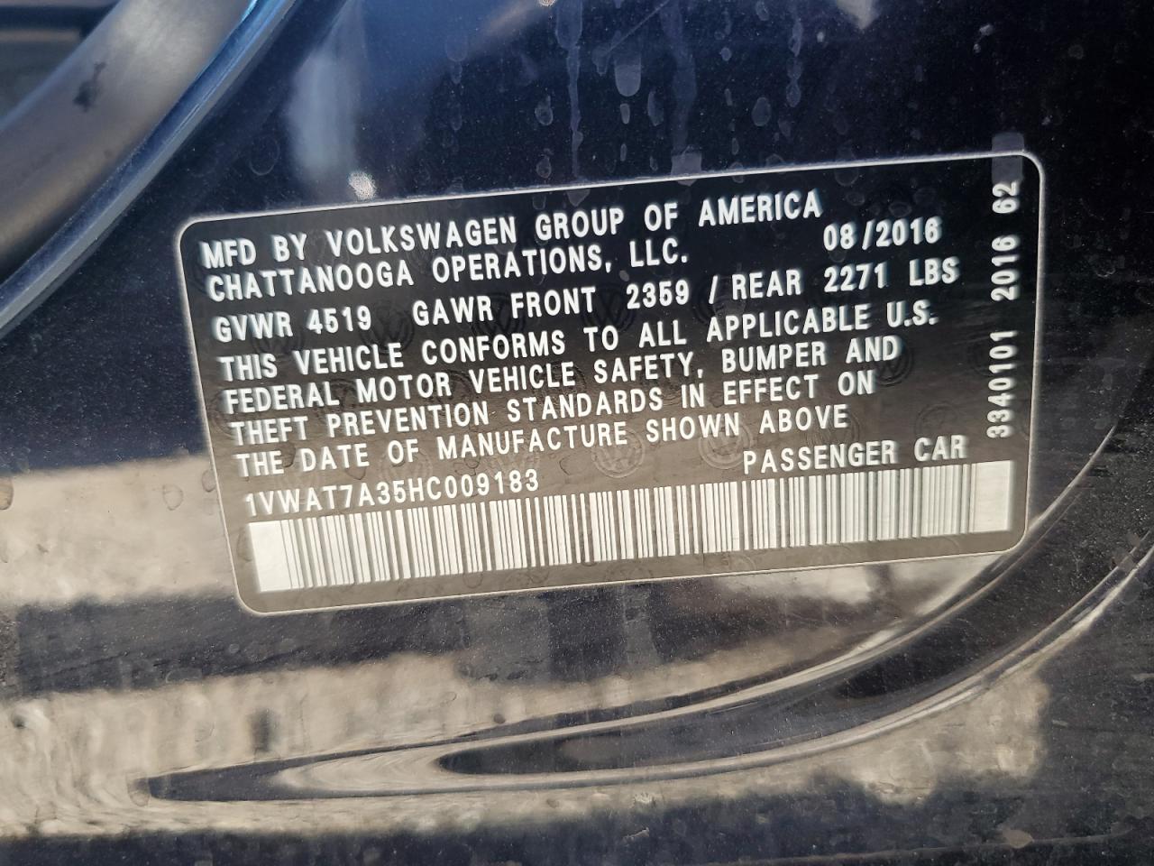 1VWAT7A35HC009183 2017 Volkswagen Passat S