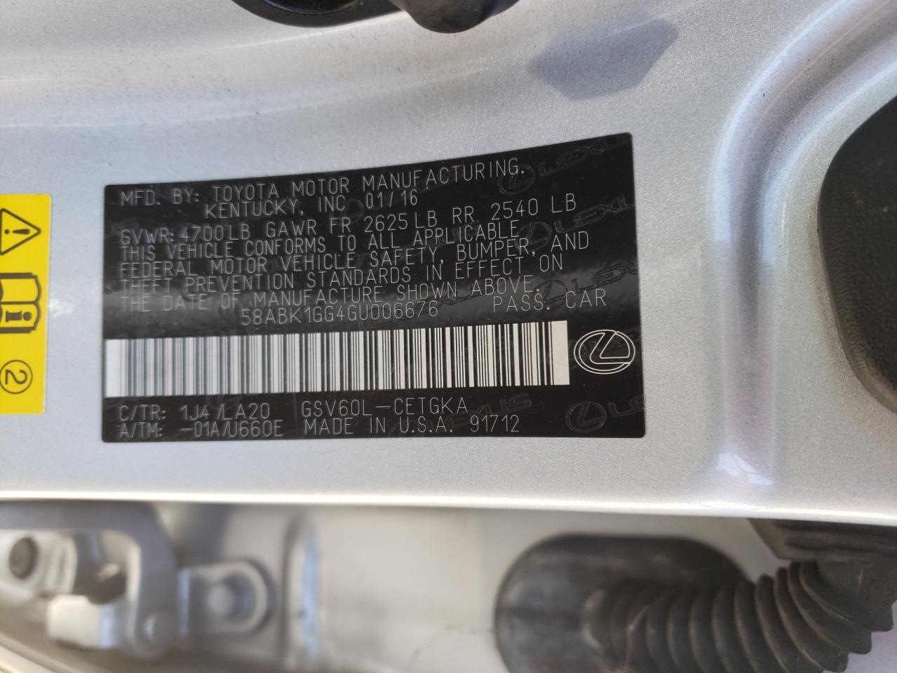 2016 Lexus Es 350 VIN: 58ABK1GG4GU006676 Lot: 66327744