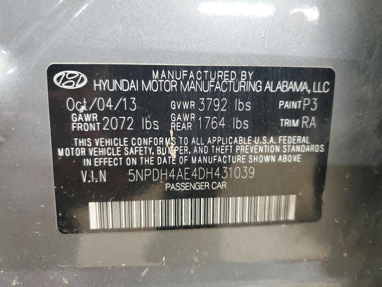 2013 Hyundai Elantra Gls VIN: 5NPDH4AE4DH431039 Lot: 65410094