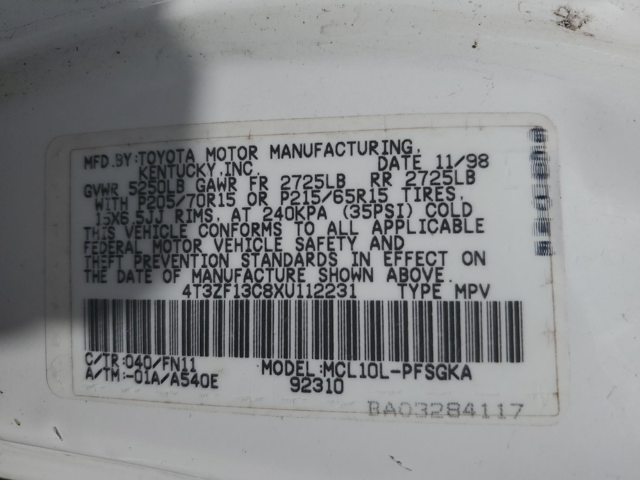 4T3ZF13C8XU112231 1999 Toyota Sienna Le