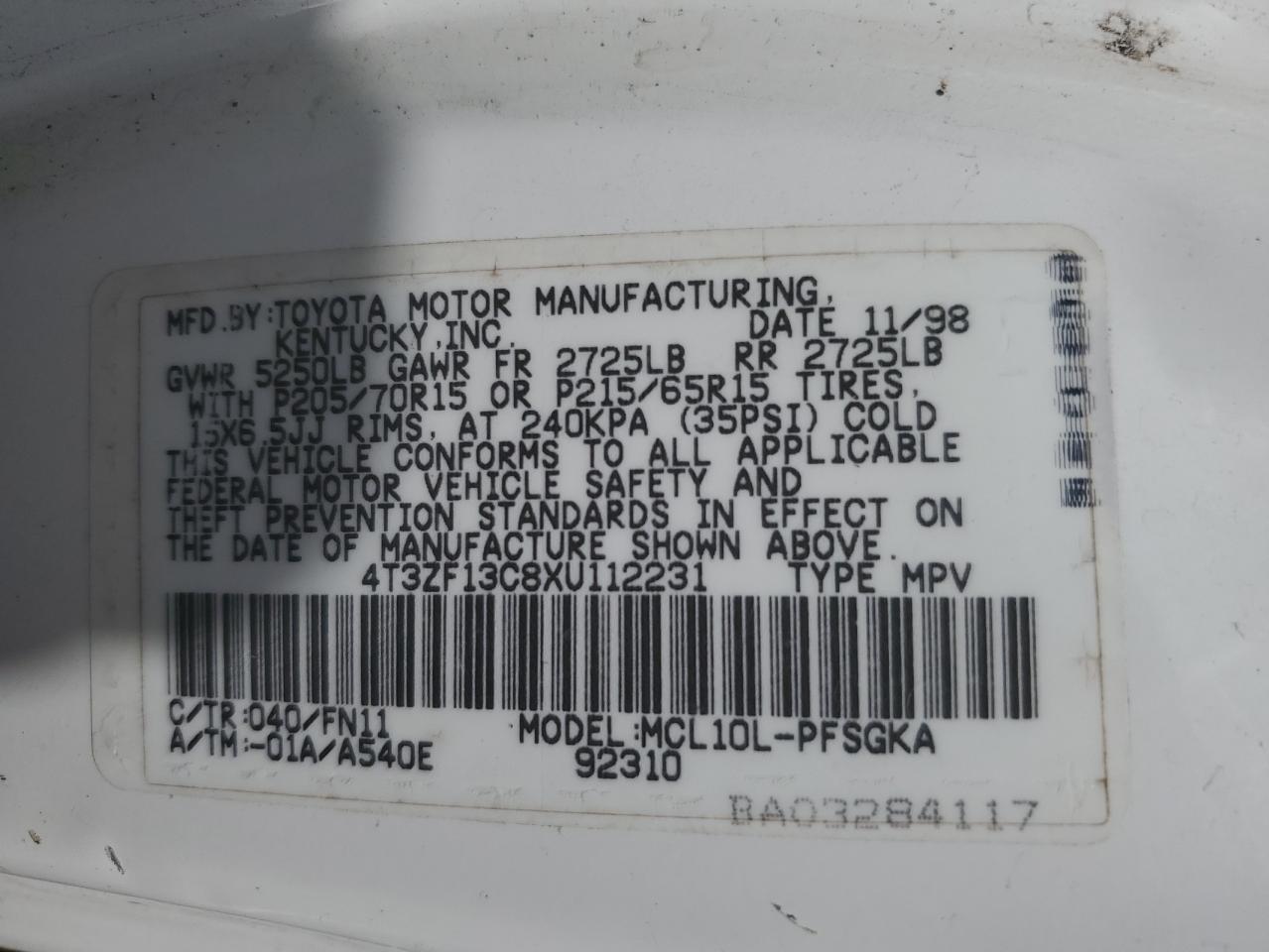 1999 Toyota Sienna Le VIN: 4T3ZF13C8XU112231 Lot: 66820984