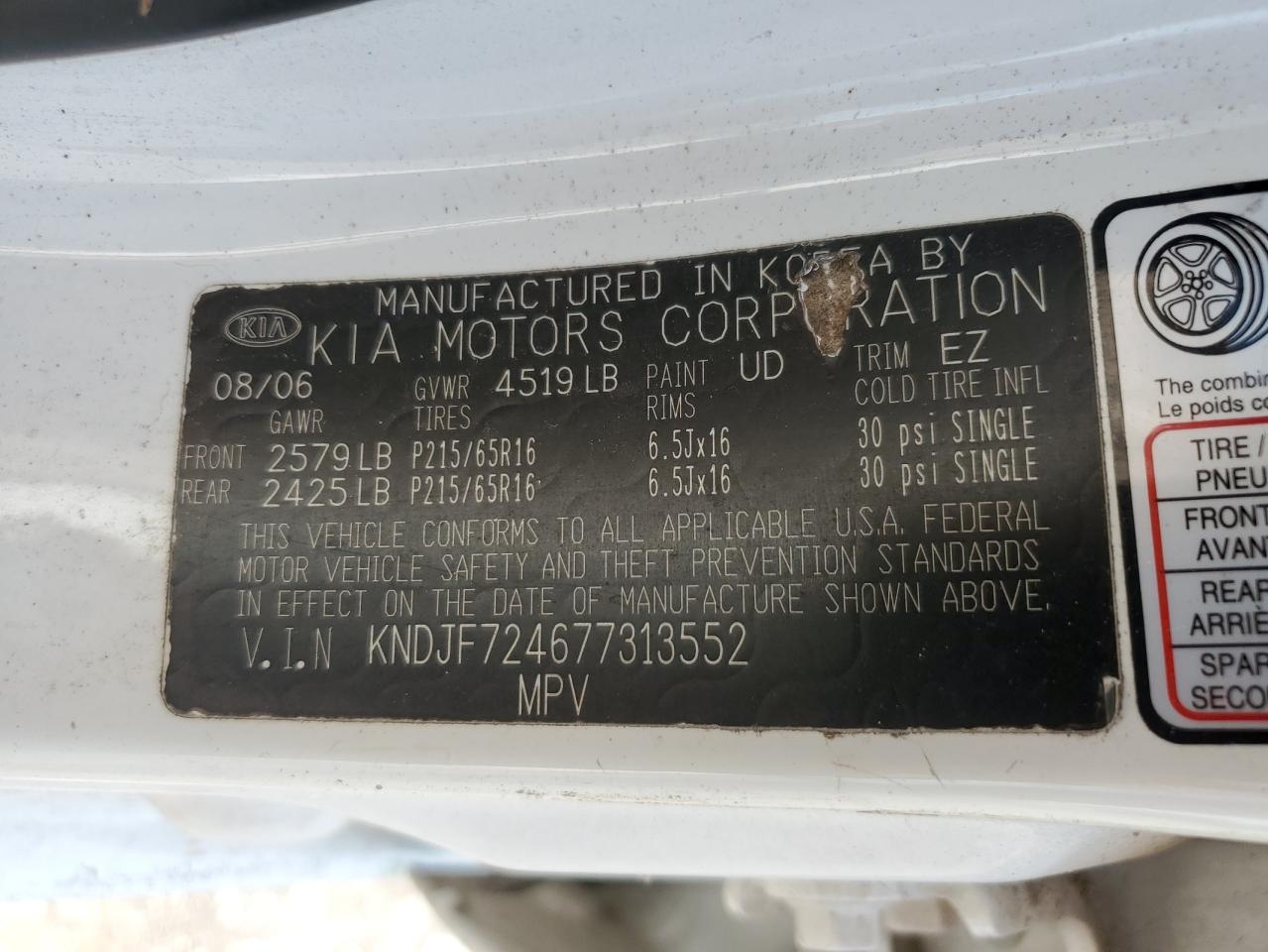 2007 Kia Sportage Lx VIN: KNDJF724677313552 Lot: 65935304