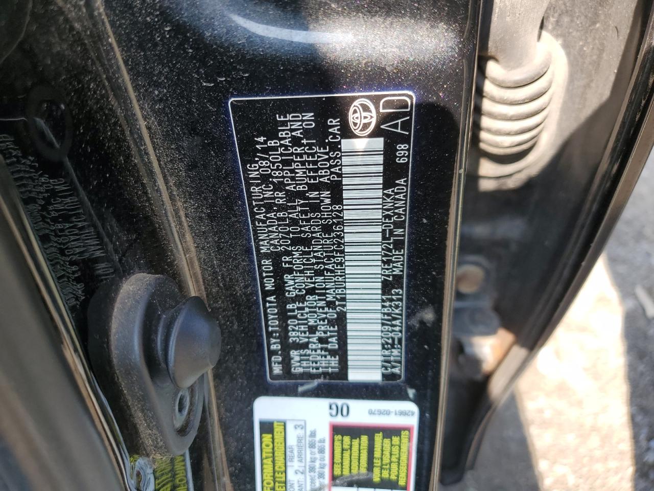 2T1BURHE9FC236128 2015 Toyota Corolla L 2T1BURHE9FC236128 2015 Toyota Corolla L