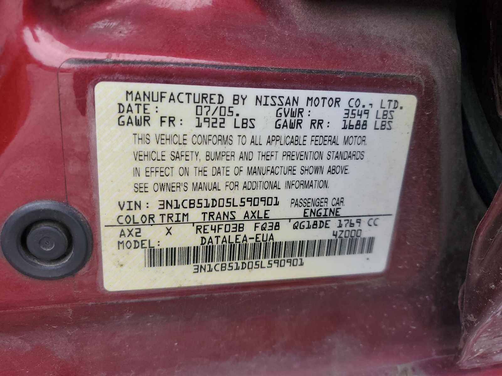3N1CB51D05L590901 2005 Nissan Sentra 1.8