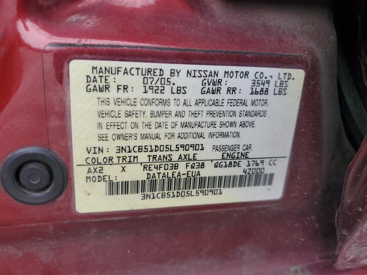 2005 Nissan Sentra 1.8 VIN: 3N1CB51D05L590901 Lot: 65660864