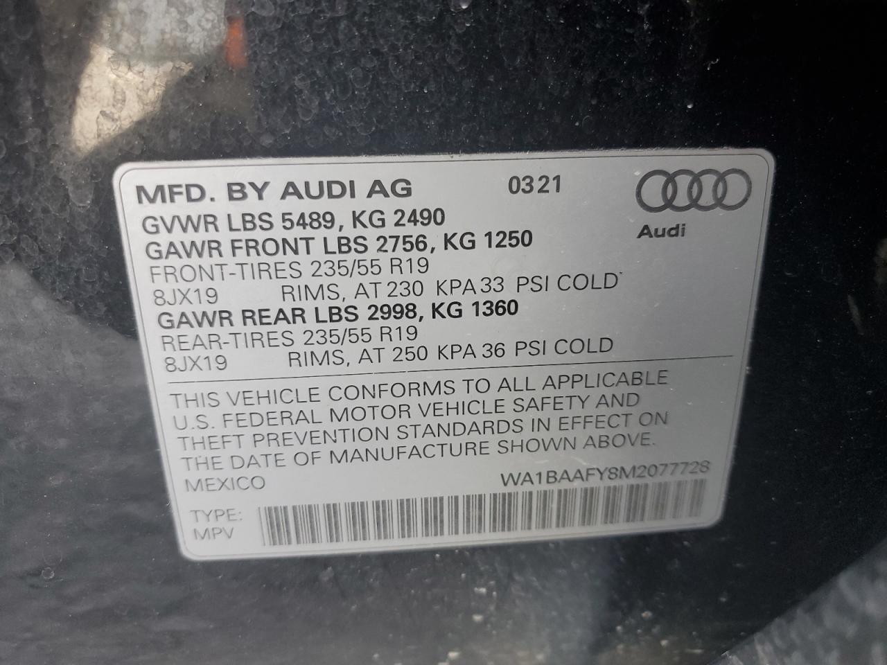 WA1BAAFY8M2077728 2021 Audi Q5 Premium Plus