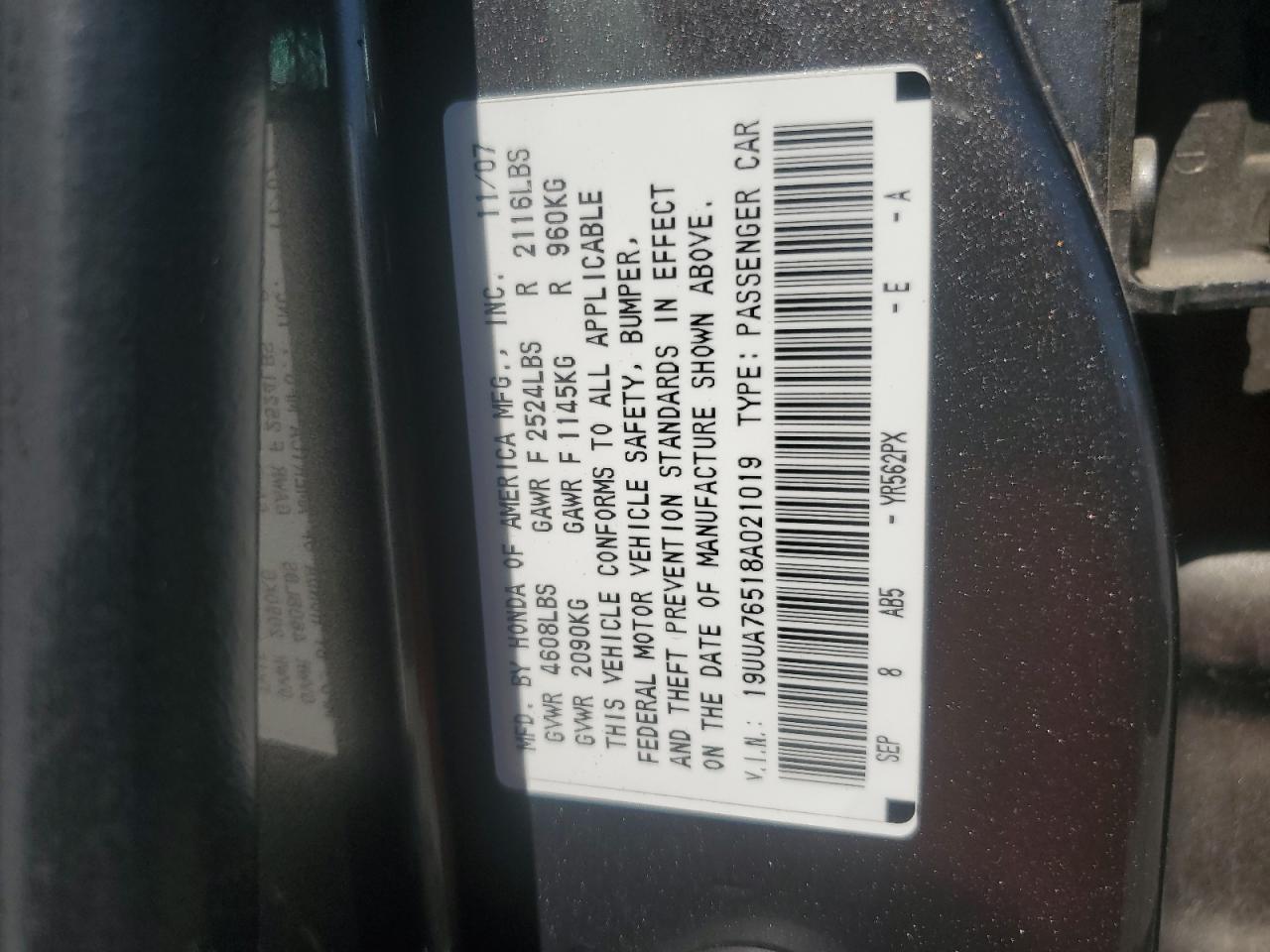 2008 Acura Tl Type S VIN: 19UUA76518A021019 Lot: 69061584