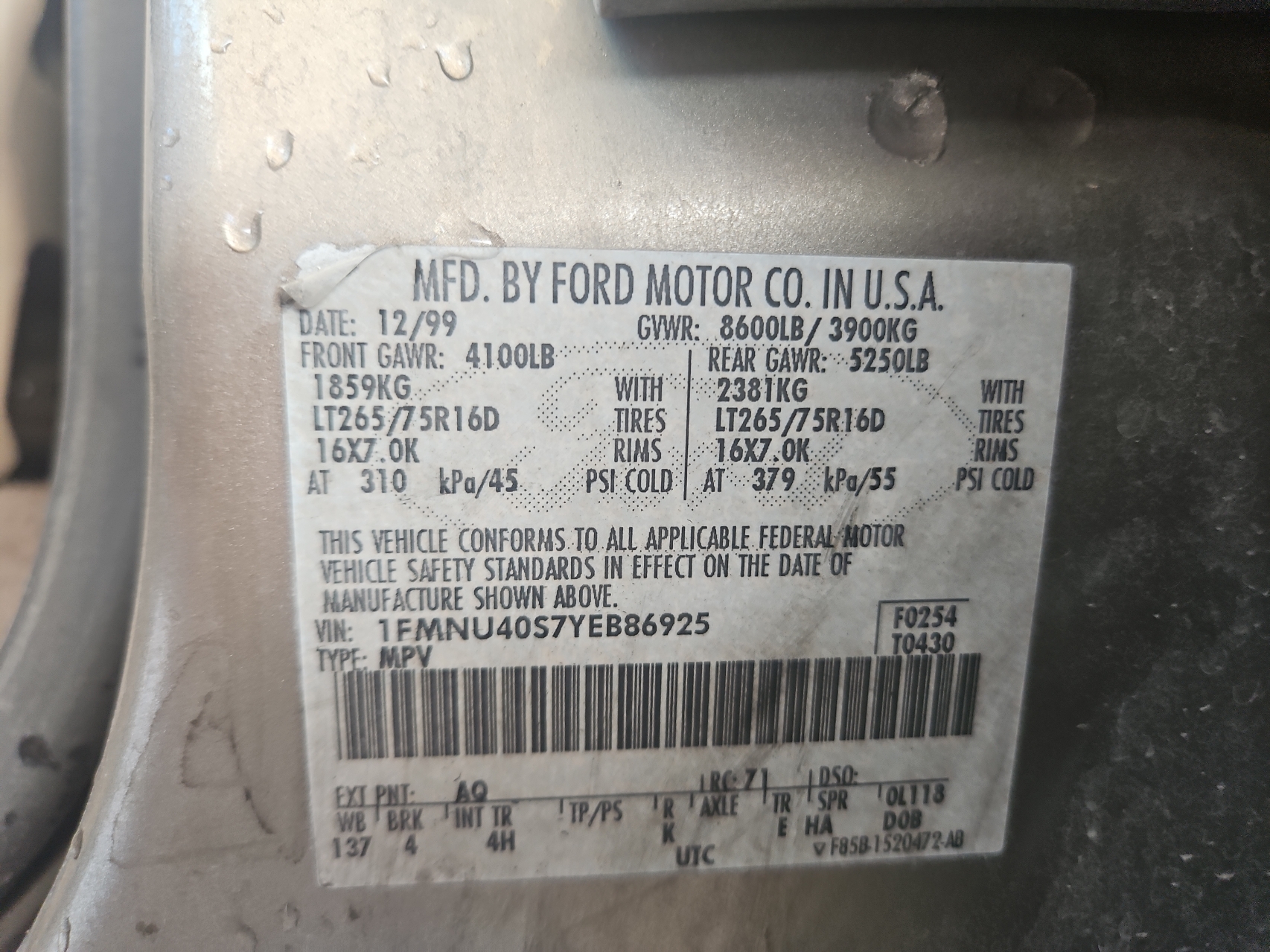 1FMNU40S7YEB86925 2000 Ford Excursion Xlt