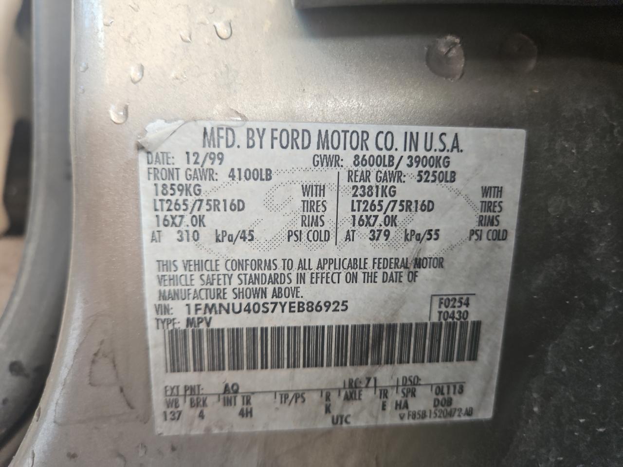 2000 Ford Excursion Xlt VIN: 1FMNU40S7YEB86925 Lot: 66628564