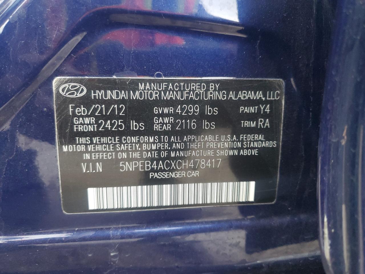 5NPEB4ACXCH478417 2012 Hyundai Sonata Gls