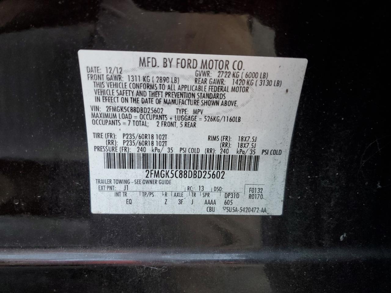 2013 Ford Flex Sel VIN: 2FMGK5C88DBD25602 Lot: 67246094