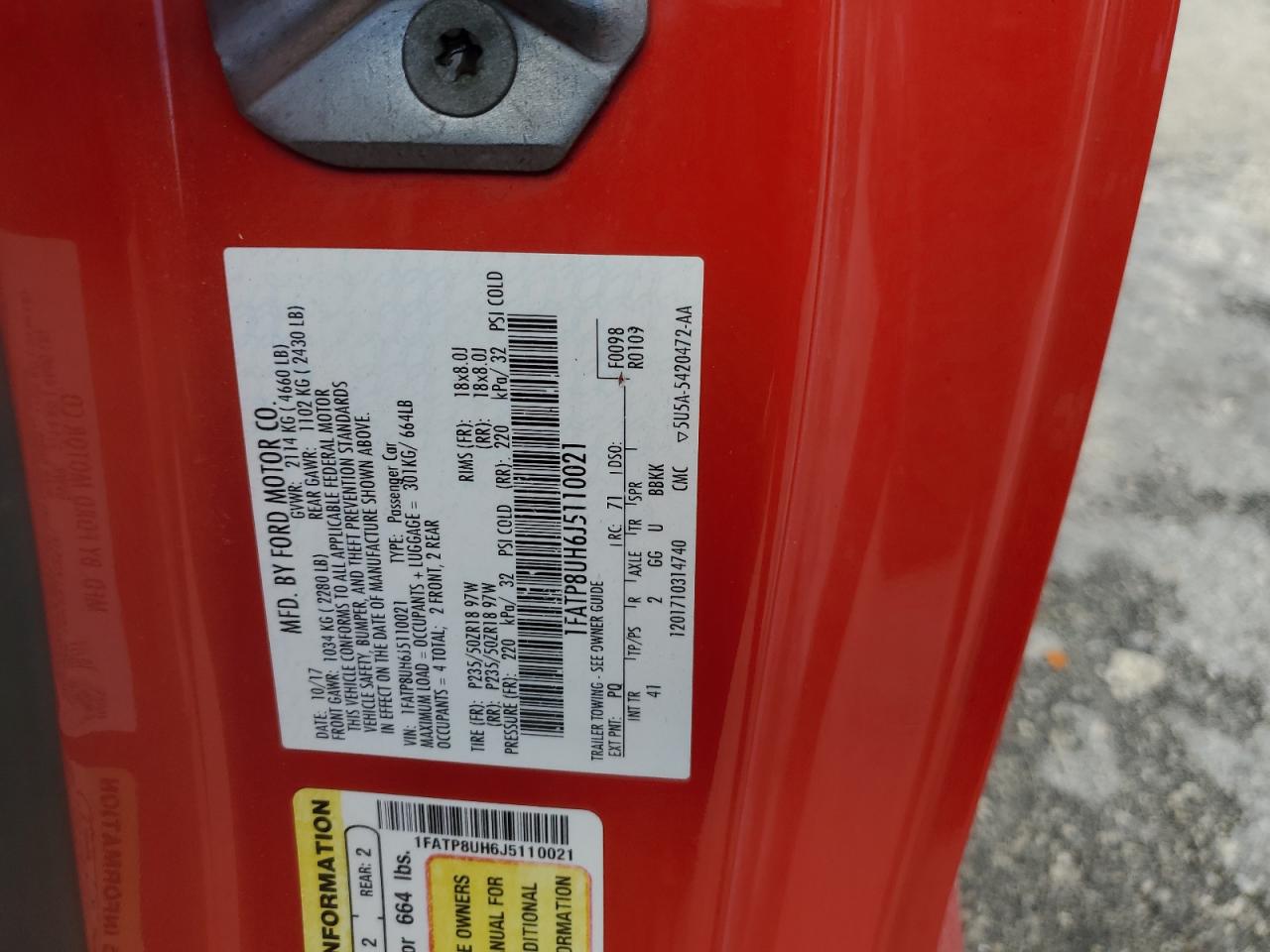 2018 Ford Mustang VIN: 1FATP8UH6J5110021 Lot: 69372574