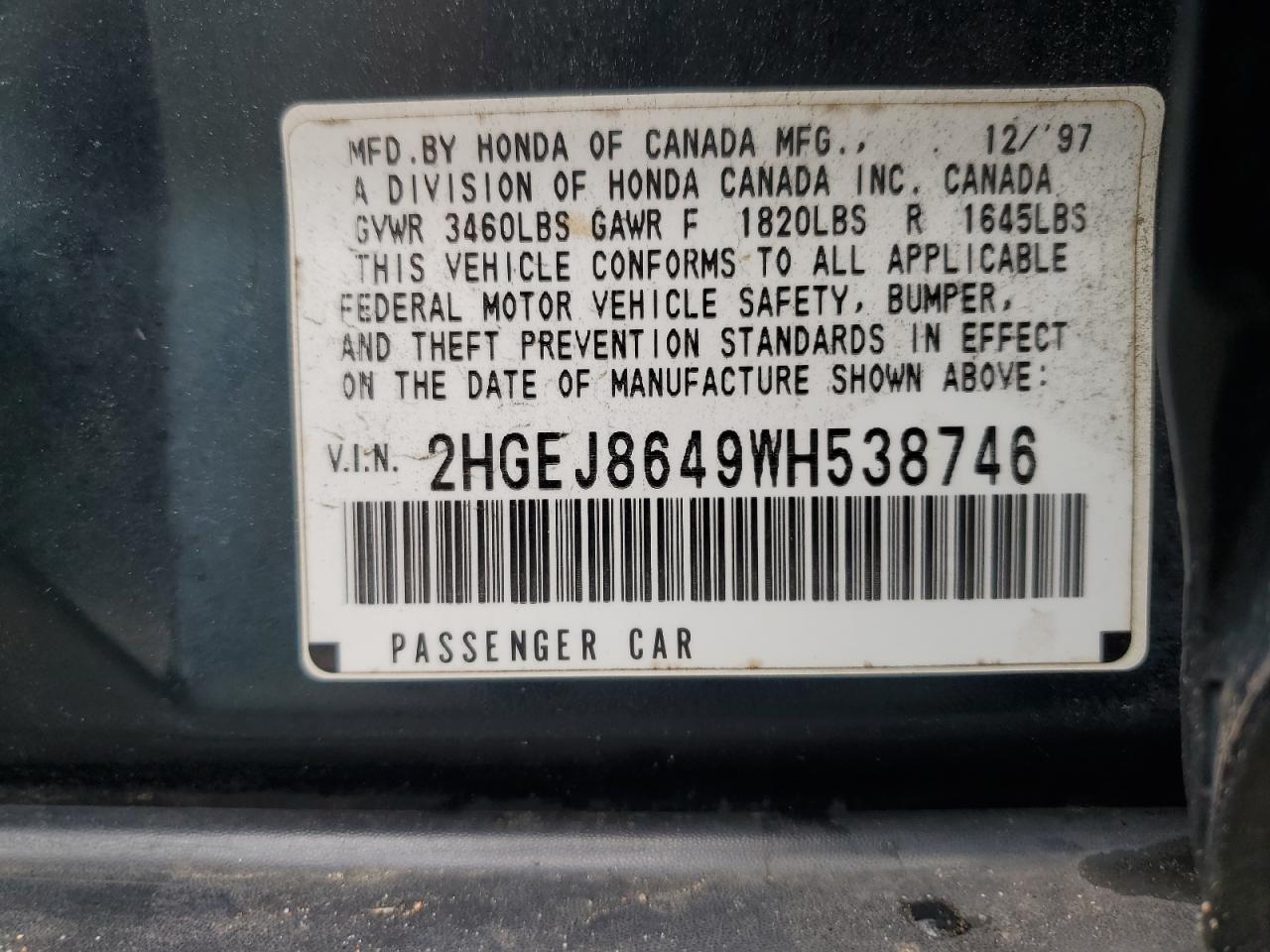 1998 Honda Civic Ex VIN: 2HGEJ8649WH538746 Lot: 66673134