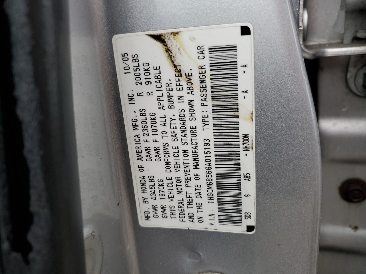 2006 Honda Accord Ex VIN: 1HGCM66566A015193 Lot: 66199454