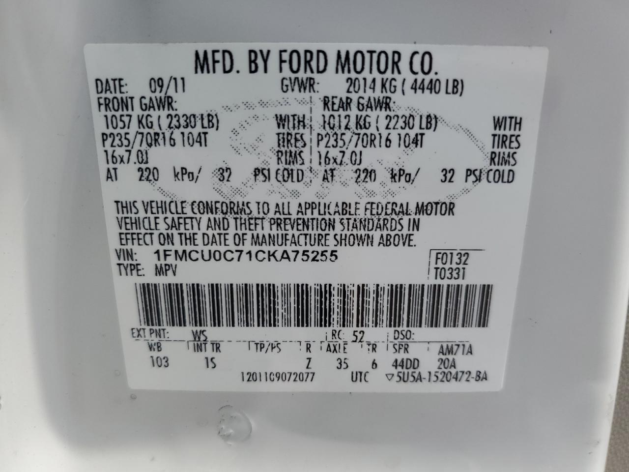 2012 Ford Escape Xls VIN: 1FMCU0C71CKA75255 Lot: 68837464