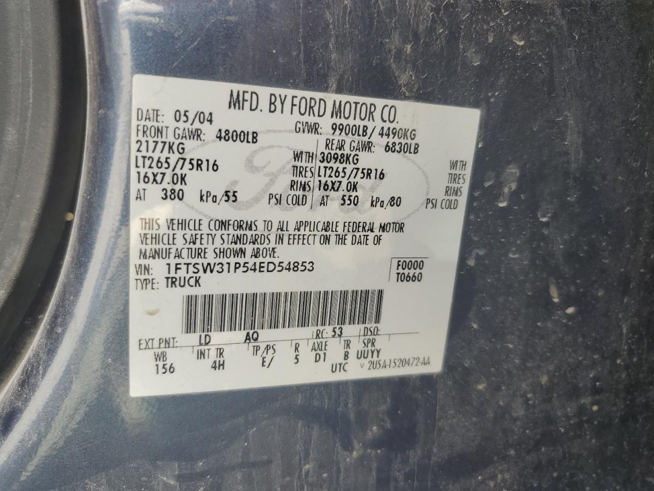 2004 Ford F350 Srw Super Duty VIN: 1FTSW31P54ED54853 Lot: 65035444