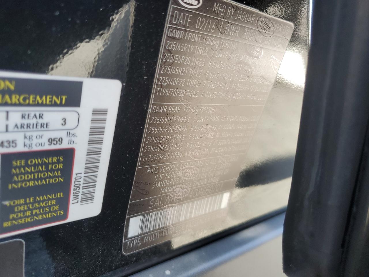 2016 Land Rover Range Rover Sport Hse VIN: SALWR2VF4GA650701 Lot: 67465004