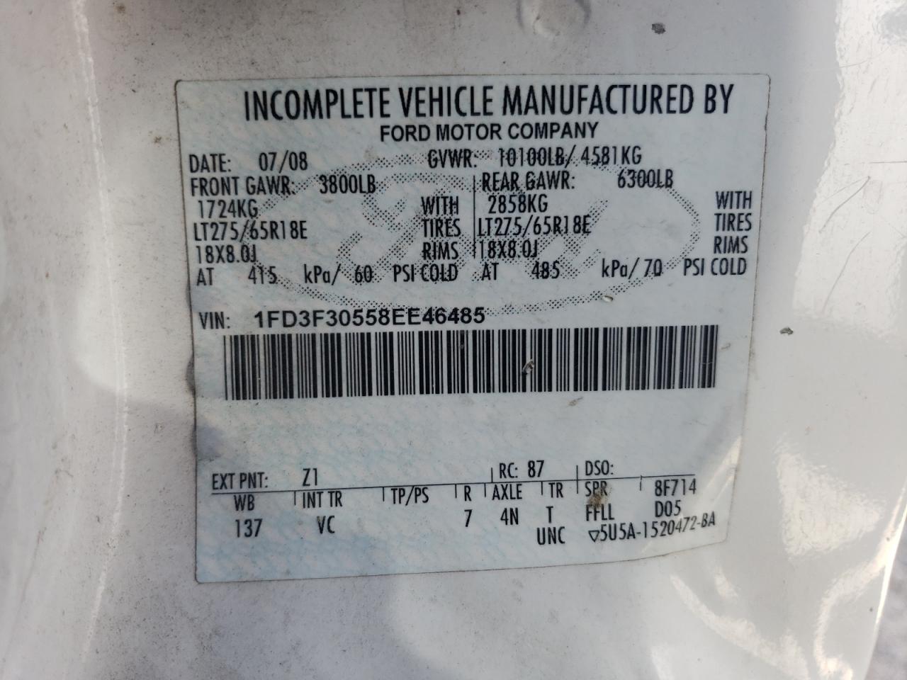 2008 Ford F350 Srw Super Duty VIN: 1FD3F30558EE46485 Lot: 69024174