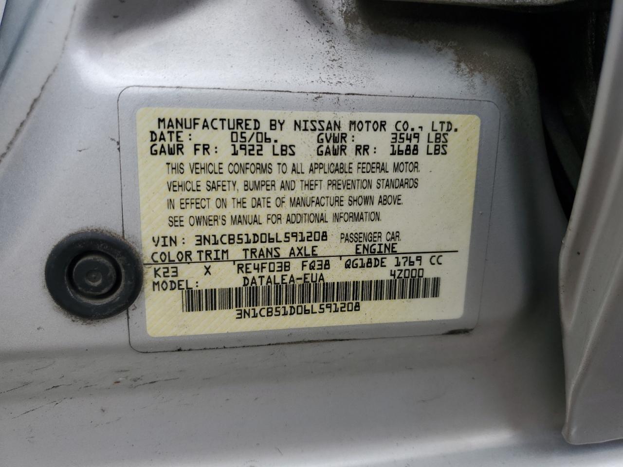 3N1CB51D06L591208 2006 Nissan Sentra 1.8