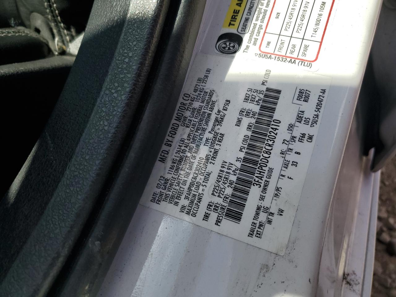 2012 Ford Fusion Sport VIN: 3FAHP0DC8CR302410 Lot: 67957034