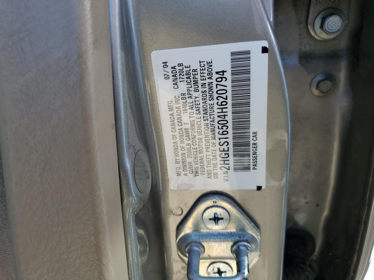 2004 Honda Civic Lx VIN: 2HGES16504H620794 Lot: 66015464